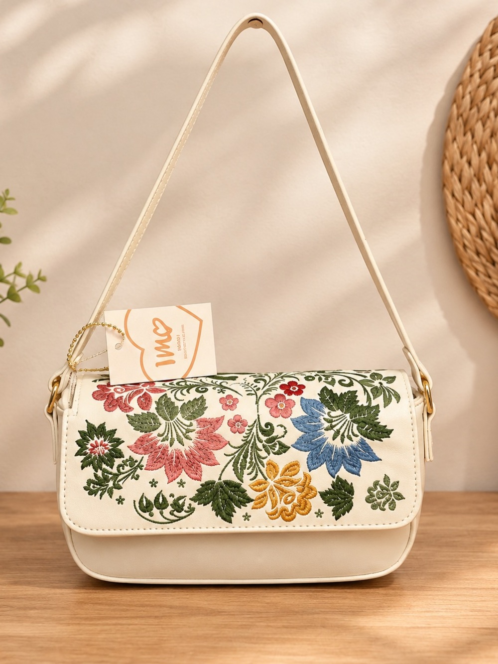 Imoshion Cream Shoulder Bag with Multicolor Floral Embroidery